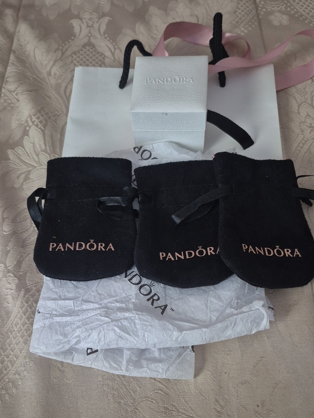 Pandora Suede (3) Drawstring Jewelry Pouches, Shopping Bag, Tissue Paper, Box
